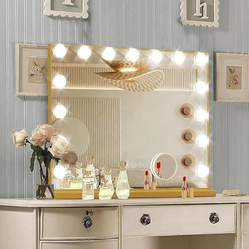 Ratsamee Gold Hollywood Vanity Mirror with Lights, 15 Dimmable Bulbs, 3 Color Lights,Make Up Lighted Mirror, Aluminum Metal Frame, USB Charging Port(23" x 18") - Image 1