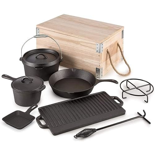 8 Piece Pre-Seasoned Dutch Oven Cooking Set Cast Iron Camping Kitchen Cookware Bakeware Skillets & Square Grill Pan w/Vintage Carrying Wood Box for Ourdoor Home BBQ Baking - Image 1