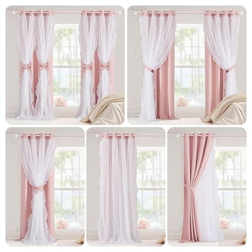 PONY DANCE Pink Blackout Curtains for Nursery/Girls Bedroom, 2 Panels | Double Layer Bow Curtains with Ruffle Sheer Overlay, Cute Shabby Chic Kids Toddler Room Decor Drapes Coquette Style,W52 x L84 thumbnail 4