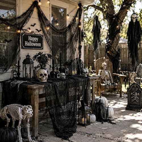 5 Pcs Black Halloween Gauze Creepy Cloth Fabric Tapestry Decor Decorations | 72 x 30 inch Black Halloween Decor, Indoor Outdoor Spooky Halloween Decorations for Home Wall Party Table Yard Haunted House thumbnail 7