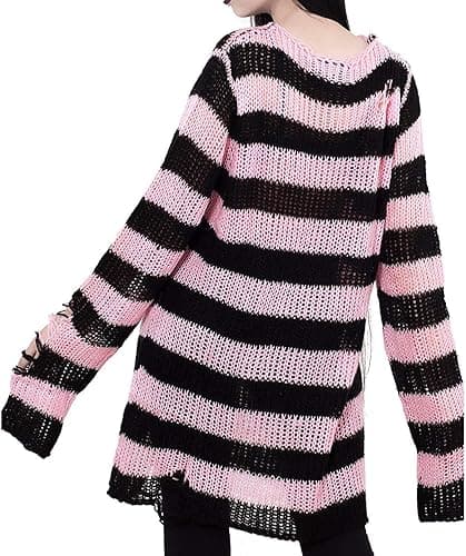 Vinsekep Women's See Through Hole Ripped Striped Long Knit Pullover Dress Sweaters Shirt - One Size - Black&pink thumbnail 2