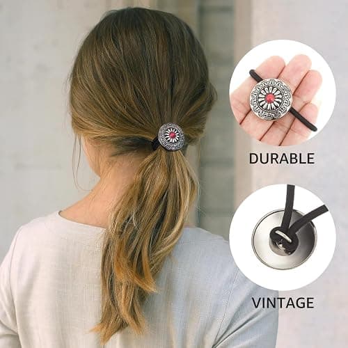3PCS Metal Western Style Ponytail Holders, Retro Hair Ties for Women, Vintage Squash Blossom Hair Ropes Boho Hair Decoration for Women Girls(Circular) - Circular thumbnail 6