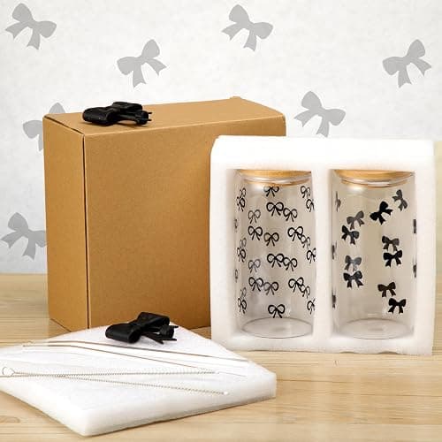Skylety Set of 2 Coquette Black Bow Glass Cup 16oz Glass Cup with Lids and Straws Reusable Silicone Straw Toppers Lids Protectors 2 Brush for Drinking Coffee Tea Cocktail(Bow) thumbnail 7