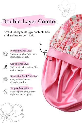Vettres Double Layer Satin Hair Bonnet with Eye Mask Silk Sleep Cap with Tie Head Wrap for Curly Natural Hair Pink Strawberry thumbnail 7