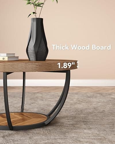 LITTLE TREE Round Coffee Table, 32" Circle Coffee Table for Living Room, 2-Tier Wood Accent Center Table with Open Storage Industrial Design Home Furniture (Wood Grain and Black) thumbnail 7