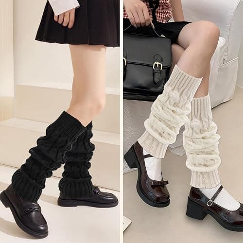 Mzario 4 Pairs Leg Warmers Y2k, Fashion Cute Cable Knit Leg Warmers for Women 80s Sports Party Yoga Accessories (Black, White, Coffee, Light Gray) thumbnail 6