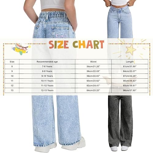 Godalithic Baggy Jeans for Girls Cute Kids Bow Embroidery Wide Leg Denim Pants High Waist Trousers Y2k Tween Clothes 7-13Y thumbnail 7