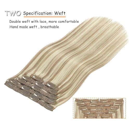 Caliee Piano Golden Brown #10 Mixed Bleach Blonde #613 Seamless Clip in Hair Extensions Double Weft Lace Invisible Silky Straight Remy Hair Extensions Clip in Human Hair 140G 20 Inch thumbnail 4