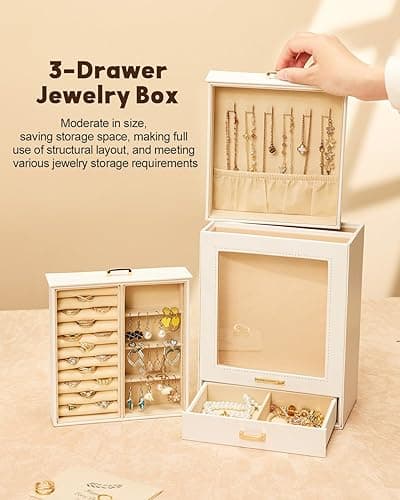 Homde Jewelry Organizer Girls Women Jewelry Box for Necklaces Rings Earrings Gift Bracelets Storage Case (White + Gold) - White + Gold thumbnail 5