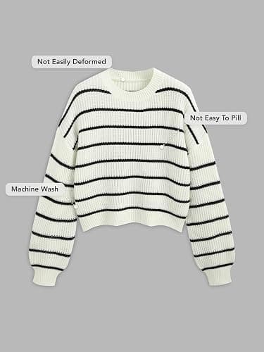 CIDER Women’s Cropped Striped Sweater Long Sleeve Crew Neck Tops | Knit, Trendy, Cute Pullover, Fall Outfits thumbnail 4