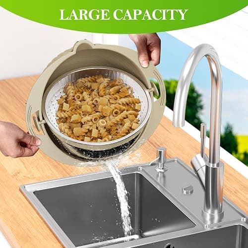 4-1 Colander with Bowl Set - Rotatable Strainers for Kitchen, Food Strainers and Colanders, Funny Presents for Women, Fruit Cleaner, Veggie Wash, Aesthetic Kitchen Gadget Essentials - Beige thumbnail 7