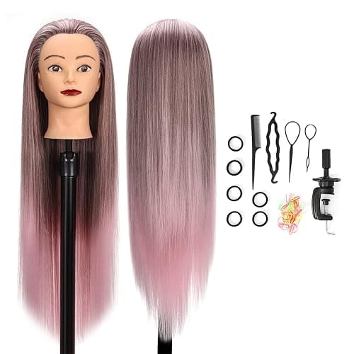 GUANJUNE Mannequin Head, Hairdressing Traning Head Hairdresser,26-28 Inch 100% Synthetic Fiber Cosmetology Doll Head with Clamp Holder+Hair Accessoires Set,Presents for Girls(Gradient Pink) - Image 1