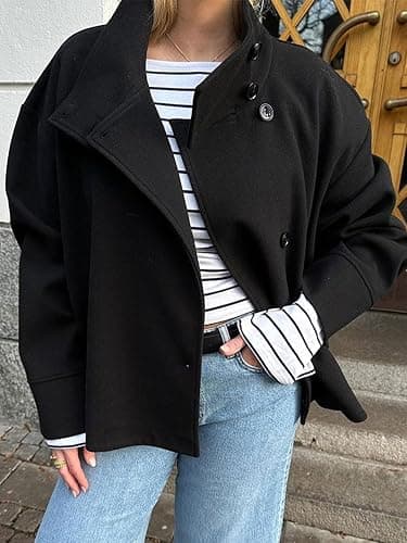 CHARTOU Women Crop Pea Coat Wool Blend Winter Loose Casual Short Jacket Outwear thumbnail 2