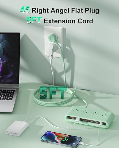 Power Strip with USB C 35W,10-in-1 Flat Plug Wall Charger - 5FT Extension Cord with 4AC, 3 USB A & 3 USB C - PD20W Charging Station for Multiple Devices - Travel Home Office (Green) thumbnail 7