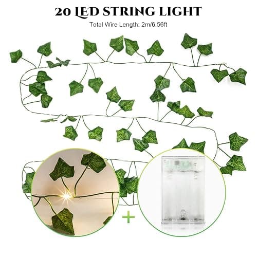 A.bigwhale Lichterkette mit Blättern, Efeu Künstlich mit Lichterkette, Efeugirlande Lichterkette Innen 2m, Grüne Blatt Efeuranke mit 20 LED Licht, Frühling Pflanzen Dekoration für Hochzeit Party thumbnail 2