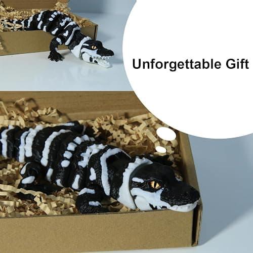 coonoe 3D Printed Articulated Crocodile - Opening Mouth and Glass Eyes - Flexible Joint Animal Models - Surprise Gifts for Fidget Enthusiasts - Made from PLA - Black and White thumbnail 4