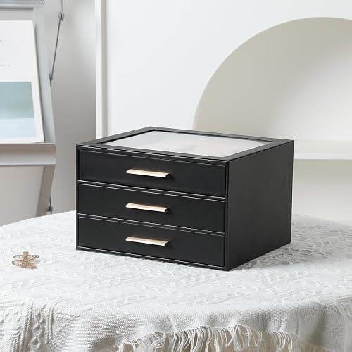 Frebeauty Jewelry Box for Women,Clear Lid Jewelry Organizer with 3 Drawers | Faux Leather,Velvet Lining,3 Layers,Jewelry Storage for Ring Earring Stud,Dustproof Design,Gift Choice,Golden Stylish Handle thumbnail 6