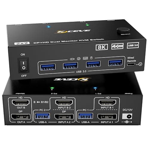 KVM Switch 2 Monitores 2 PC 8K Displayport + HDMI USB 3.0 KVM Conmutador para dos monitores, soporta 8K @ 60Hz, 4K @ 120Hz para 2 ordenadores que comparten teclado, ratón y monitor - Image 1