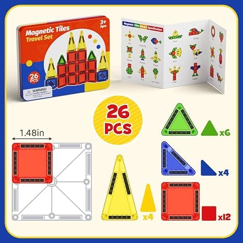 WMXDU Mini Magnetic Tiles with Iron Case, Magnetic Building Toys Kid's Travel Essential Portable Creativity On-The-Go Magnet Blocks STEM Travel Toys for Toddler Boys Girls Ages 3+, 26-Piece thumbnail 8