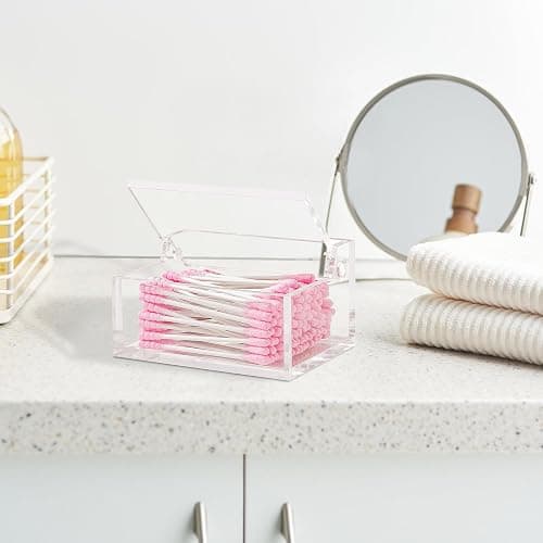 WORHE Q-Tip-Halter mit Deckel, Acryl-Wattebäusche- und Wattestäbchen-Organizer, Q-Tip-Spender für Schminktisch oder Arbeitsplatte,Make-up-Pads und Kosmetik-Aufbewahrungsbox(DP051) thumbnail 5