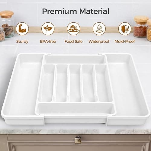 ukeetap Extra Large Expandable Silverware Organizer, BPA-Free Food-Safe Cutlery Flatware Organizer, Kitchen Utensil Drawer Organizer, Adjustable Silverware Holder for Spoons Forks Knives, White thumbnail 4