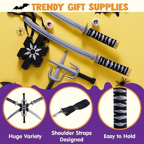 Spooktacular Creations Ninja Swords, Backpack Weapon Toy Set with Swords and Knives for Kids, Ninja Costume Accessories for Cosplay, Dress-up Party Black thumbnail 3