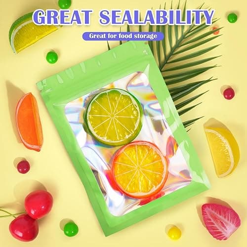JETMORE 100 Pcs Mylar Bags, Smell Proof Bags Foil Pouch, Holographic Resealable Bags for Small Business, Candy Sample Jewelry Bag Sealable Packaging for Party Favor Food Storage (2.4x3.9in-Green) thumbnail 3