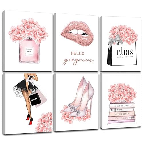 FRAMED Pink Makeup Room Canvas Wall Art, Fashion Woman Picture Wall Decor Paintings, Watercolor Perfume High Heels Lipstick Beauty Room Decor Pictures Arts for Girls Women Room Decor, (Set of 6, 8x10 in, Framed)