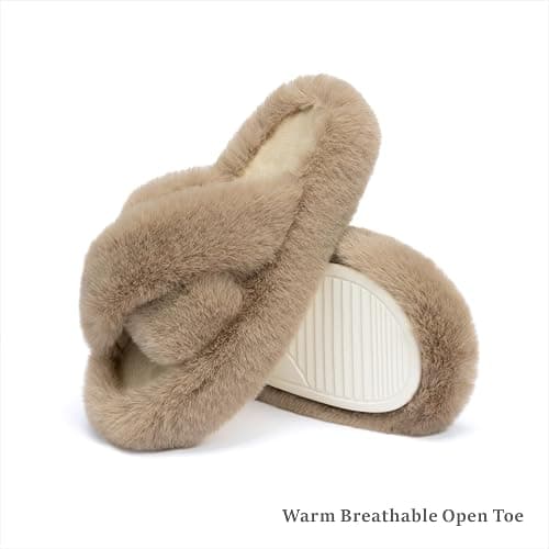 Chantomoo Women's Blue Memory Foam Faux Fur Lined Open Toe Slippers for Women - US 12 thumbnail 6