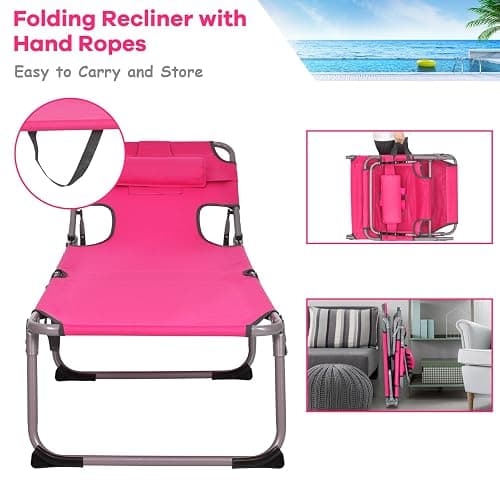 GYMAX Tanning Chair, Folding Beach Lounger with Face Arm Hole, Adjustable Backrest, Side Pocket, Pillow & Carry Handle, Outside Sunbathing Lounge Chair for Patio, Poolside, Lawn (1, Pink) thumbnail 4