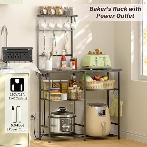 3IngSeagulls Bakers Rack with Power Outlet, Kitchen Microwave Stand with 10 S-shaped Hooks, 6-Tier Coffee Bar Station, Kitchen Storage Shelf Rack for Spices, Pots, Gray thumbnail 3