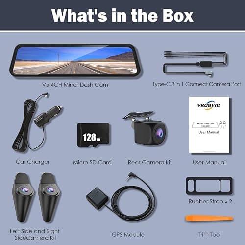 360 Degree View 4 Channel Mirror Dash Cam Detached Camera for Cars，Dash Cam Front and Rear Side(Left,Right),12'' Rear View Mirror Camera1080Px4,WiFi,Night Vision,GPS,Parking Monitor,Free 128GB Card thumbnail 9