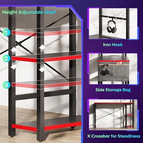 Bestier Gaming Desk with Power Outlets, 44 Inch Led Gamer Desk with 4 Tiers Reversible Shelves, PC Gaming Table with Headset Hook & Side Storage Bag for Bedroom (Black 3D Carbon Fiber) thumbnail 6