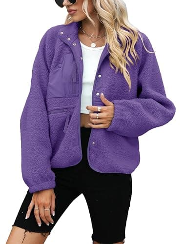Yanekop Womens Fleece Jacket Fuzzy Long Sleeve Short Winter Coats Button Down Sherpa Jacket Outerwear with Pockets thumbnail 2