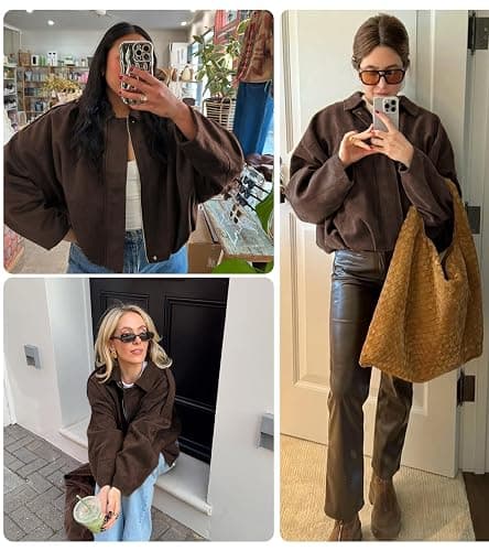 Bnigung Womens Faux Suede Bomber Jacket Casual Lapel Pilot Cropped Coat Oversized Motorcycle Jackets 2025 Outerwear thumbnail 5