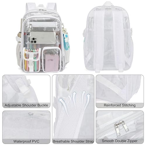 Kouxunt Clear Backpack Heavy Duty Transparent Backpacks Stadium Approved for School Work Sport Travel (White) thumbnail 4