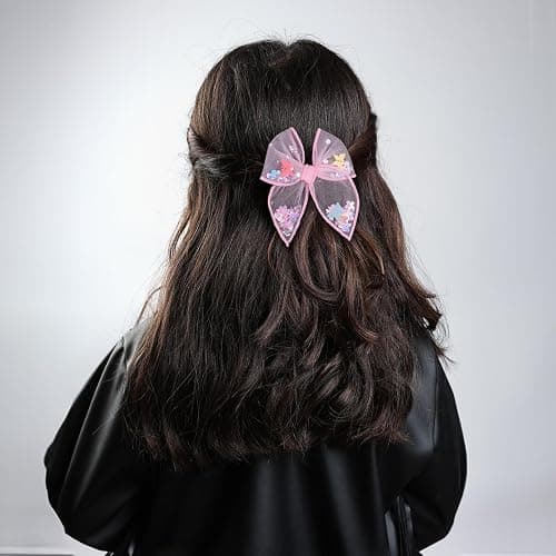 Floral Butterfly Fairy Hair Bow Clips 4" for Girls Women, 2pc Pink Mesh Tulle Shaker Fable Bow Alligator Hairpins, Spring Summer Birthday Wedding Party Dress Accessory Gift thumbnail 5