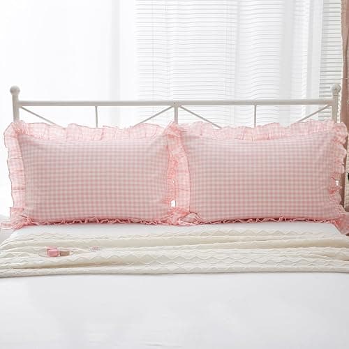 K MASANIJI 2 Pack Blush White Plaid Ruffle Gingham Pillow Shams Standard Size, 100% Washed Cotton Checkered Farmhouse Pillowcases for Bed/Sofa - 20''x26'' thumbnail 2