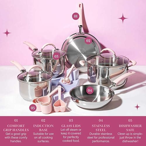 Paris Hilton Stainless Steel Pots and Pans Set with Stay-Cool Pink Handles, Tempered Glass Lids, Bonus Heart Shaped Measuring Cups and Spoons, Dishwasher Safe Cookware, 10-Piece Set thumbnail 3