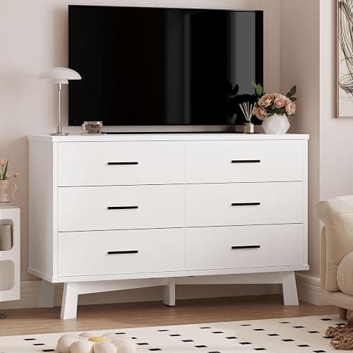 Xixini Dresser for Bedroom, 6 Drawer Wide Modern Chest of Drawers with X-Shaped Sturdy Base, Wood Double Dresser Closet Clothes Storage Organizer, Wooden TV Stand for Living Room, Hallway, White thumbnail 7