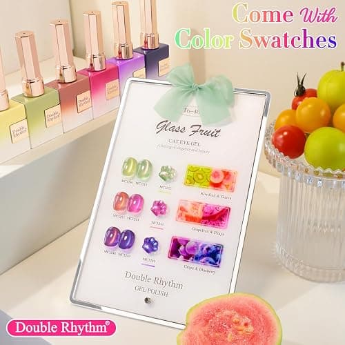 Double Rhythm Fruit Cat Eye Gel Nail Polish Set of 6 Same Color Same Bottle 0.5 Oz Shimmer Glitter with Magnet Holographic Reflective Magnetic UV Polish Kit at Home (Glass Rose Pink Green-T6-48) thumbnail 2
