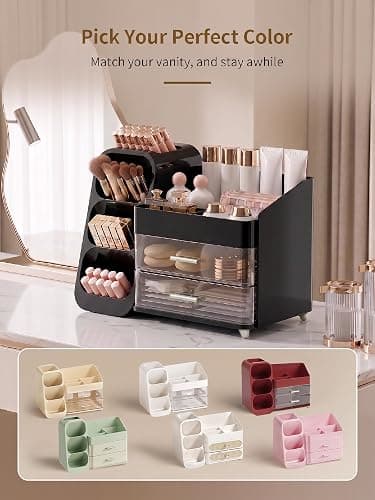 Booklov Makeup Organizer for Vanity, Large Capacity Cosmetic Display Case with Drawers, Countertop Beauty Storage Holder for Skincare, Brush Eyeliner Perfume Eyeshadow Lipsticks, Counter Desk, Black thumbnail 9