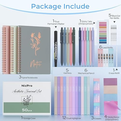 Nicpro 50PCS Cute Spiral Notebook Stationary Set For Women, Bible Journal Set, 3PCS A5 Spiral Notebook, Gel Pens, Sticky Notes & Tabs, Gift Box, Mechanical Pencils for Study Aesthetic School Supplies thumbnail 5