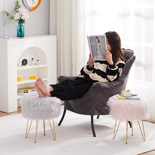 Mxfurhawa Faux Fur Storage Ottoman Round Furry Vanity Stool Marble Grain Tray Coffee Table Compact Footrest Stool with 4 Metal Legs Soft Makeup Seat Foot Stools for Living Room Bedroom Entryway Grey thumbnail 4