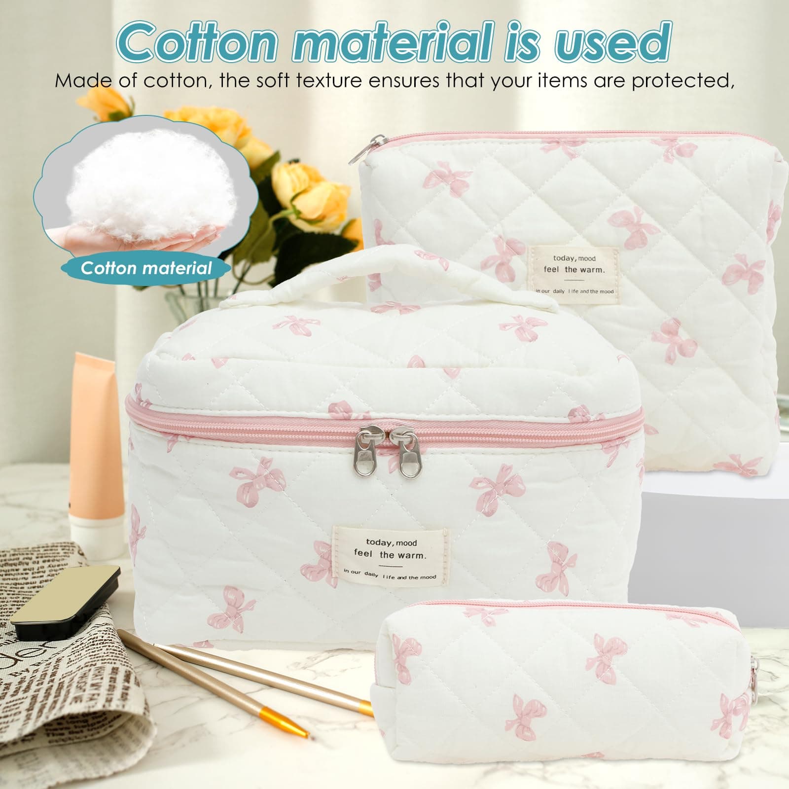 3 Pcs Makeup Bag Cosmetic Bag Cute Cotton Large Quilted Travel Makeup Pouch Multifunctional Cosmetic Pouch Set for Women Girls Ladies (Pink) thumbnail 4