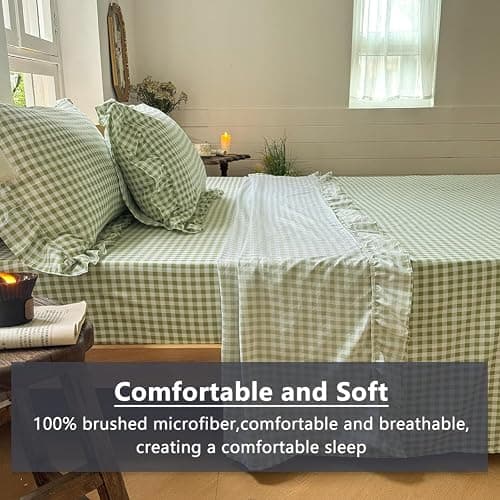 NSNLGSGC Sage Green Gingham Ruffle Queen Sheet Set, Green Soft Pre-Washed Microfiber Plaid Queen Bed Sheets, 4-Pieces Farmhouse Sheet Set with Deep Pocket thumbnail 4