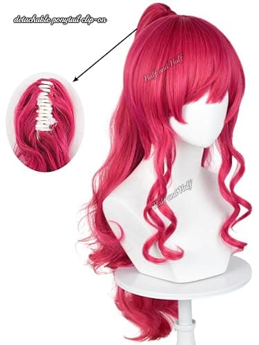 Half and Half Red Pink Pony Cosplay Wig with Bangs 27.5'' Long Curly Cute Pony Costume Wigs Rose Red Ponytail Wig for Women Halloween Party Daily thumbnail 5
