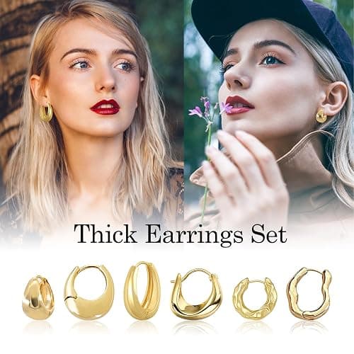 JeHwuel 6 Pairs Gold Hoop Earrings Set for Women, 14K Gold Plated Huggie Chunky Earring Variety Pack, Hypoallergenic Thick Jewelry Gift thumbnail 6