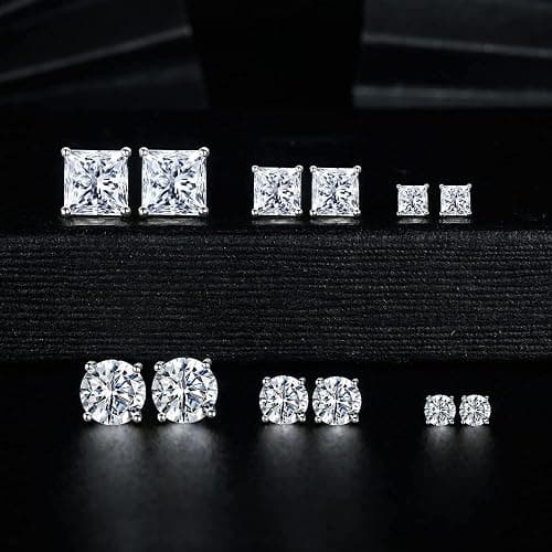 MDFUN 6 Pairs Stud Earrings Set 3mm/5mm/7mm Princess & Round Cubic Zirconia Earrings Hypoallergenic 316L Surgical Stainless Steel CZ Earrings for Women Men thumbnail 8