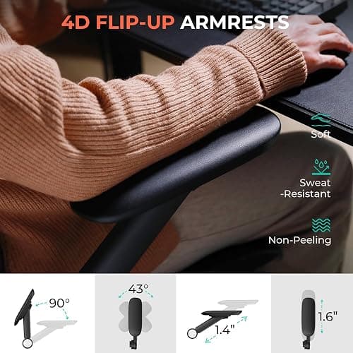 CAPOT Ergonomic Mesh Office Chair, Adjustable Lumbar High Back Desk Chair 400lbs, 4D Flip-up Arms, 3-Level Tilt Backrest, 3D Headrest, PU Wheels, Swivel Rolling Computer Seating for Long Desk Work thumbnail 4